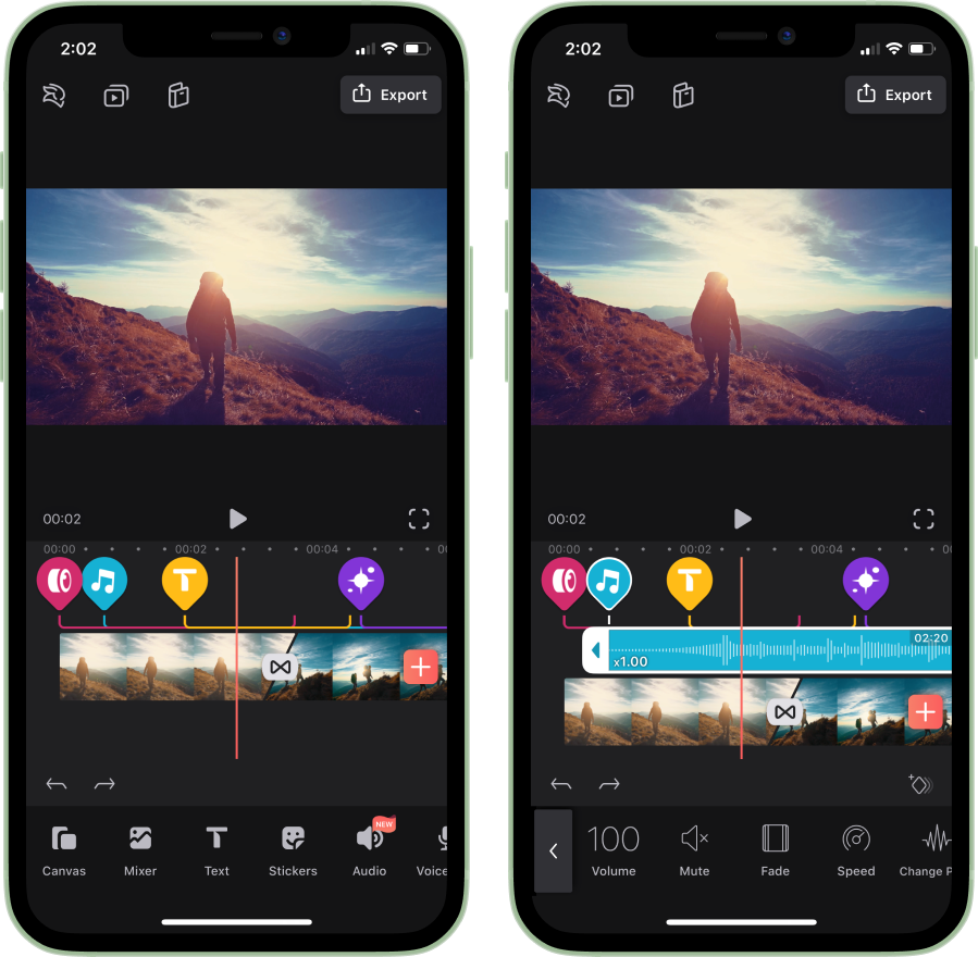 Two phones showing Videoleap’s video editing timeline and creative tools