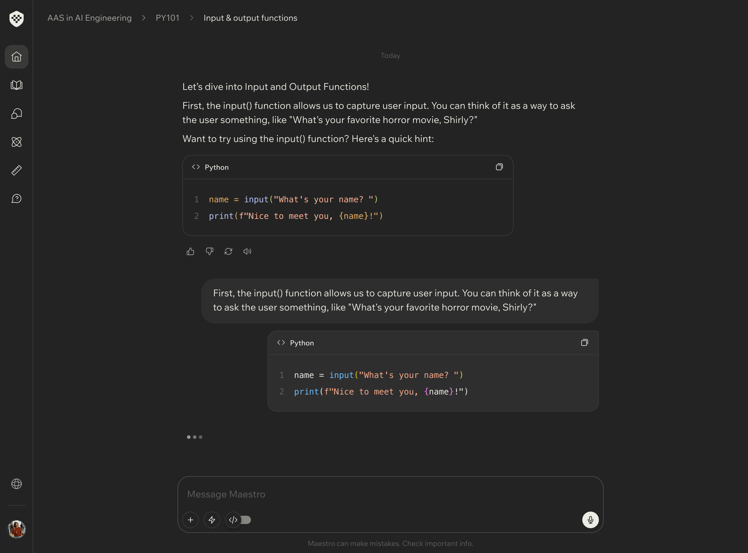 Maestro’s dark learning interface with a personal AI tutor conversation